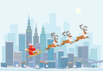 Santa and reindeer flying in sky