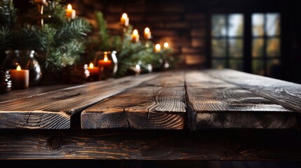Obraz premium Empty wooden table with Christmas decoration. Copy paste place. AI generated