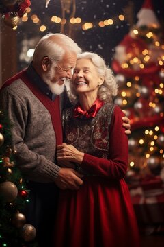 beautiful elderly couple in love and happy celebrating Christmas