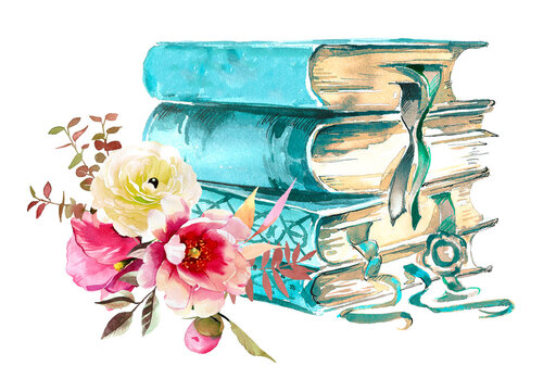 Watercolor hand painted book stack with flowers illustration isolated on a white background.Books design.Student concept design.