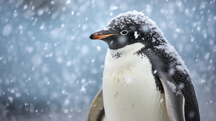 a penguin enduring a snowstorm, showcasing their resilience in harsh Antarctic conditions