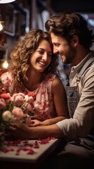 Inlove couple looking at each other surrounded by flowers in restaurant. AI generated