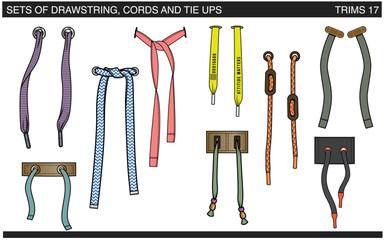 SET OF DRAWSTRINGS, CORDS AND TIE UPS FOR WAIST BAND, BAGS, SHOES, JACKETS, SHORTS, PANTS, DRESS GARMENTS, DRAWCORD AGLETS FOR CLOTHING AND ACCESSORIES VECTOR ILLUSTRATION