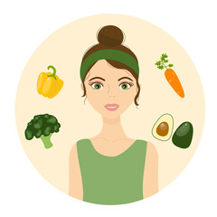 Healthy nutrition. Girl with vegetables, broccoli, avocado, carrot, yellow pepper. Vector illustration, flat style.