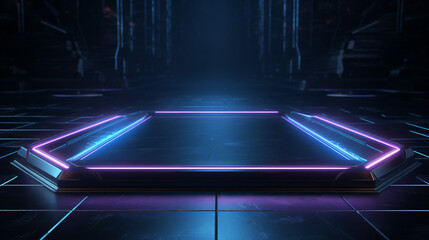 Sci-fi ambiance: Blue and purple neon light shapes on a black background with reflective concrete