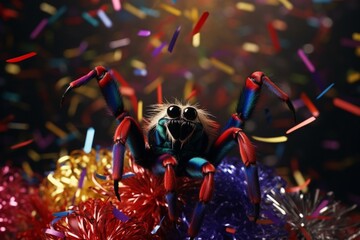 A jubilant tarantula surrounded by confetti, enjoying a birthday celebration. Copy space.