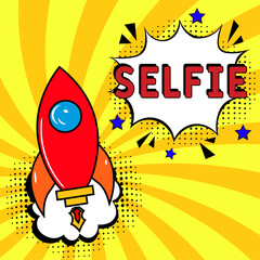 Selfie. Comic book explosion with text -  Selfie. Vector bright cartoon illustration in retro pop art style. Can be used for business, marketing and advertising.  Banner flyer pop