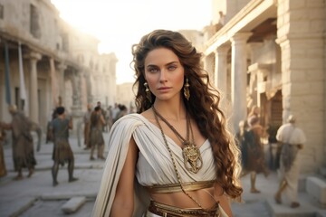 beautiful young woman in an ancient greek city - obrazy, fototapety, plakaty