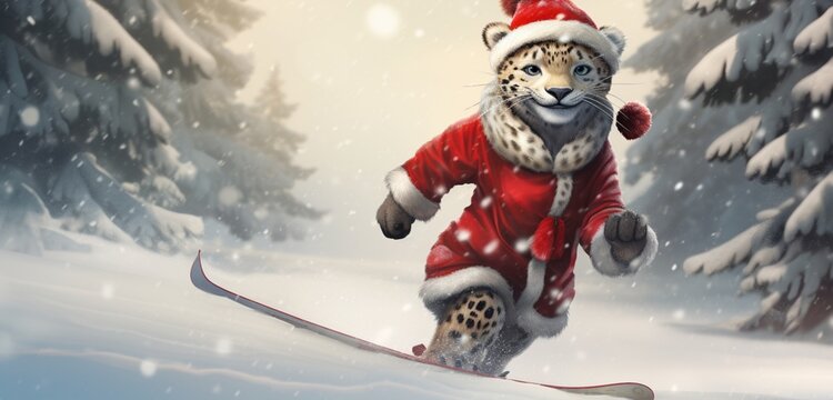 A magical leopard, dressed in a winter coat and a red stocking cap with a white pom pom, skillfully navigating a scooter through a snow-covered forest, 