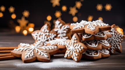 Plate with tasty gingerbread cookies on table, close up view