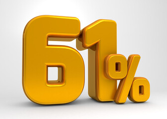Golden 61% 3d isolated on white background. 61% off 3D. 61% mega sale. Sale of special offers. 3d rendering.	