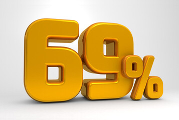 Golden 69% 3d isolated on white background. 69% off 3D. 69% mega sale. Sale of special offers. 3d rendering.	