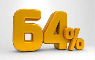 Golden 64% 3d isolated on white background. 64% off 3D. 64% mega sale. Sale of special offers. 3d rendering.	