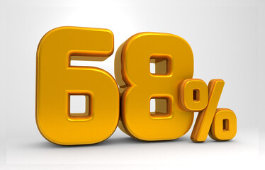 Golden 68% 3d isolated on white background. 68% off 3D. 68% mega sale. Sale of special offers. 3d rendering.	