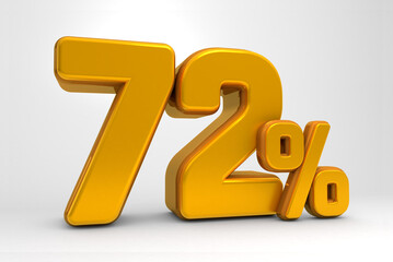 Golden 72% 3d isolated on white background. 72% off 3D. 72% mega sale. Sale of special offers. 3d rendering.	