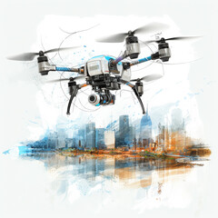 High technology, bright sketch of a drone on a white background against the background of the city, minimalism