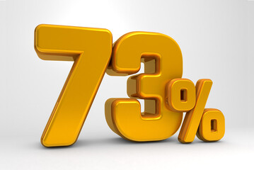 Golden 73% 3d isolated on white background. 73% off 3D. 73% mega sale. Sale of special offers. 3d rendering.	