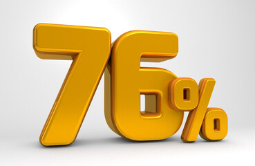 Golden 76% 3d isolated on white background. 76% off 3D. 76% mega sale. Sale of special offers. 3d rendering.	