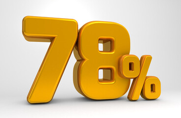 Golden 78% 3d isolated on white background. 78% off 3D. 78% mega sale. Sale of special offers. 3d rendering.	