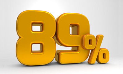 Golden 89% 3d isolated on white background. 89% off 3D. 89% mega sale. Sale of special offers. 3d rendering.	