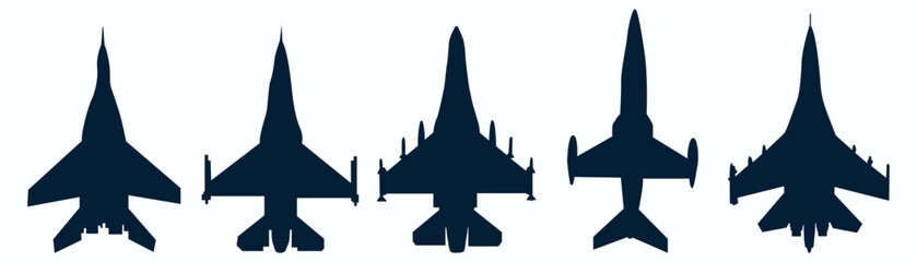 Black, airplane, icon, collection, Set of black plane, silhouette, icon, material, Black airplanes,  jet fighter, - obrazy, fototapety, plakaty