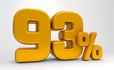 Golden 93% 3d isolated on white background. 93% off 3D. 93% mega sale. Sale of special offers. 3d rendering.	