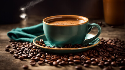 Fototapeta premium Cup of coffee with beans on the table rustic