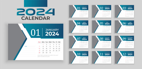 Desk Calendar design for 2024. week starts on Sun. Set of 12 calendar pages vector design print template with place for photo and company logo, editable vector illustration - obrazy, fototapety, plakaty