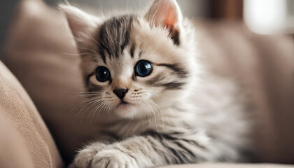 Beautiful little cat on a sofa, little tabby kitten in the house