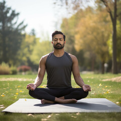 Young indian man doing meditation at park