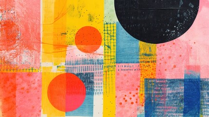 Generative AI, Vintage abstract risograph collage colorful shapes, pastel halftone, geometric grain texture	
