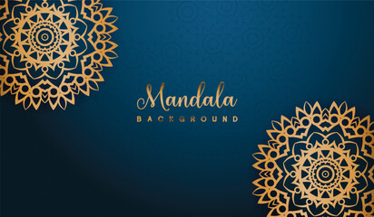 Luxury mandala illustration design with blue golden print pattern Arabic Islamic vector design , cover, brochure, flyer, banner - obrazy, fototapety, plakaty