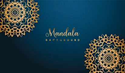Fotobehang Luxury mandala illustration design with blue golden print pattern Arabic Islamic vector design , cover, brochure, flyer, banner © Design World