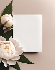White card with peony on a beige background, copy space, top view