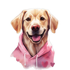 Cute yellow labrador wearing a pink hoodie, isolated on white transparent background