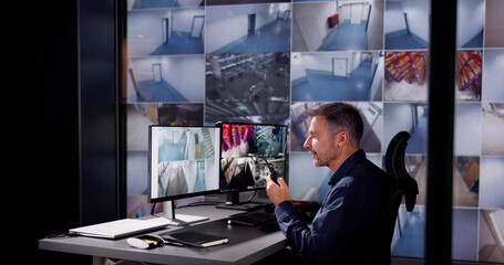 The Security Guard Monitors the CCTV System