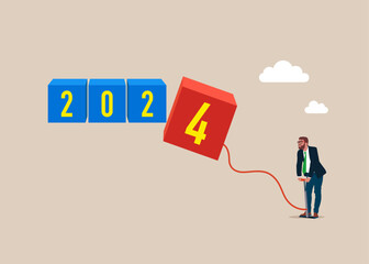 Businessman pumps up a balloon of a cube block shape floats higher. 2024 New Year concept. Flat vector illustration