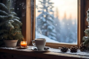 Cozy Winter Scene: Steaming Cu of Coffee by the Snowy Window