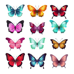 Set of butterflies on transparent background. Butterfly with different colors isolated. Realistic butterflies postcard card frame Collection of multicolored butterflies