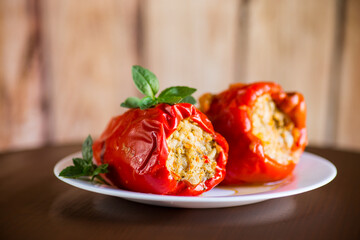 stewed in gravy stuffed peppers in a plate .
