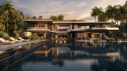 Fototapeta na wymiar Panoramic capture of a sprawling luxurious villa, with the facade's glass windows reflecting the surrounding nature and an inviting infinity pool that merges with the skyline.