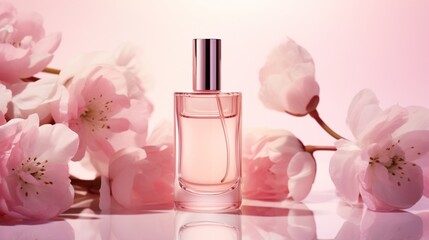 Obraz na płótnie Canvas Elegant beauty serum nestled among delicate pink flowers on a soft pink background, showcased in a sleek, modern bottle design.