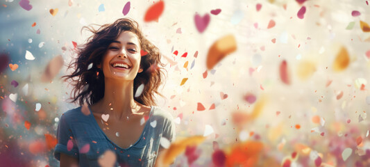 Happy smiling young woman standing under falling confetti - obrazy, fototapety, plakaty