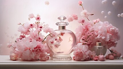 Serene scene of a high-definition captured pink floral arrangement framing an exquisite perfume bottle, blending seamlessly with the soft pink ambiance.