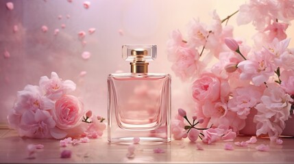Serene scene of a high-definition captured pink floral arrangement framing an exquisite perfume bottle, blending seamlessly with the soft pink ambiance.