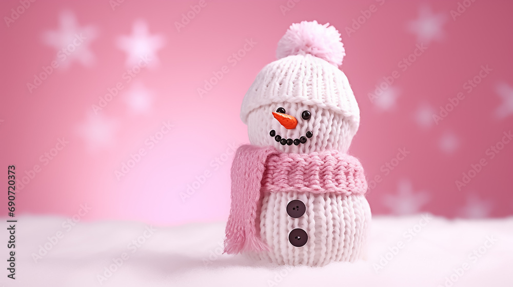 Wall mural cute knitted snowman in a hat and scarf on an isolated pink background with copyspace. header for a 