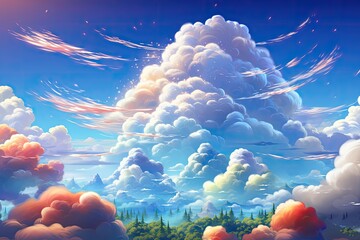 Cloudy sky background. Unicorn fantasy pastel galaxy. Rainbow cute wallpaper. Fluffy magic pink landscape.