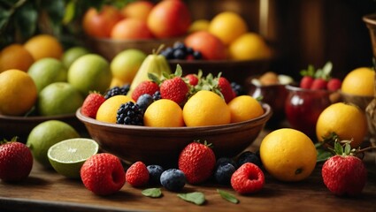 A Rustic Wooden Table Displaying a Colorful Assortment of Fresh Fruits