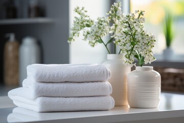 Fototapeta na wymiar Neat Display of Towels and Vases with Fresh Flowers Generative AI