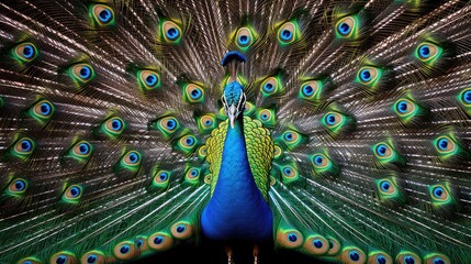 Obraz premium elegance of a male peacock's colorful feathered tail. An iridescent display of nature's beauty.